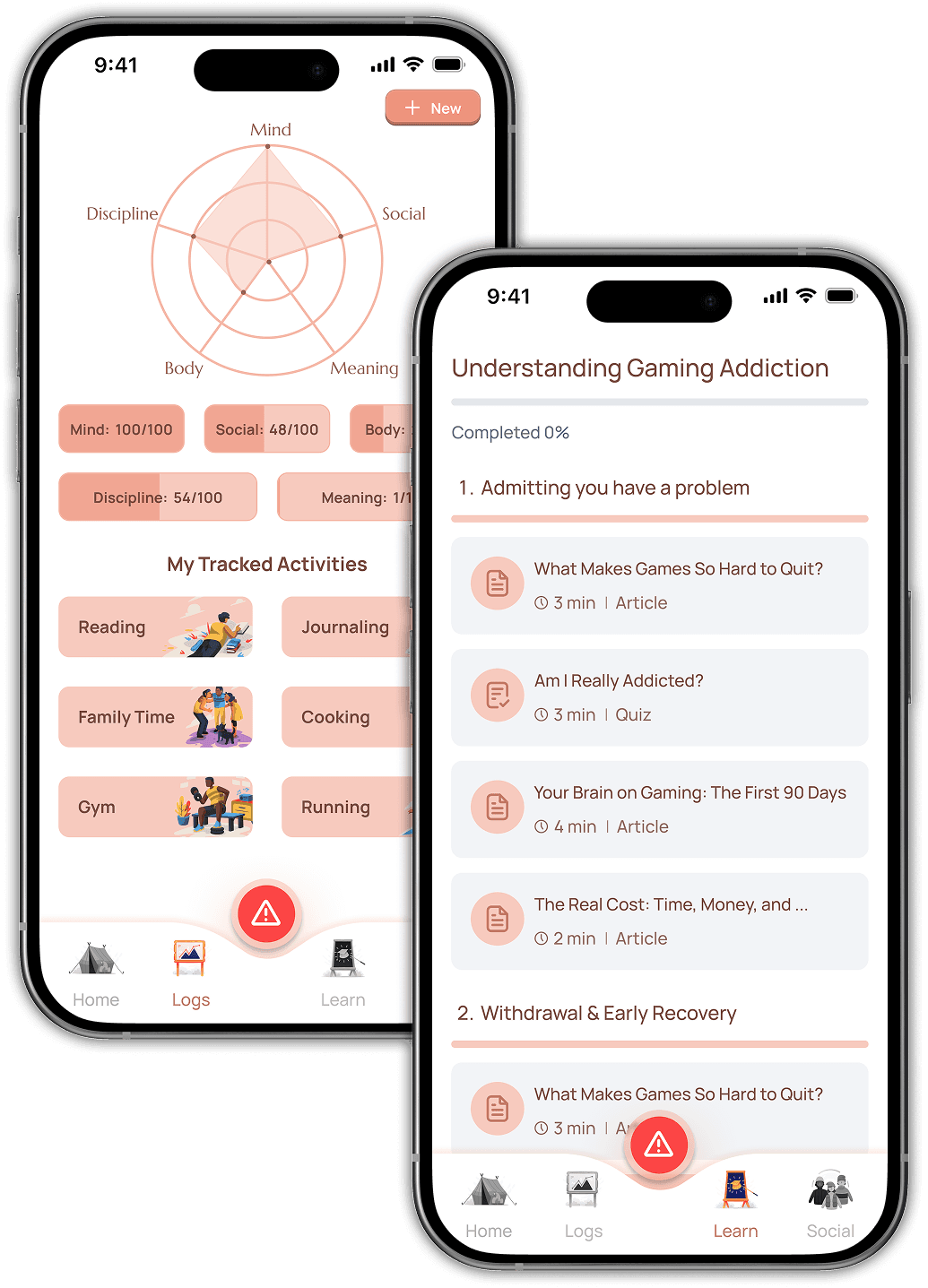 Lume app showing activity logs and learning resources